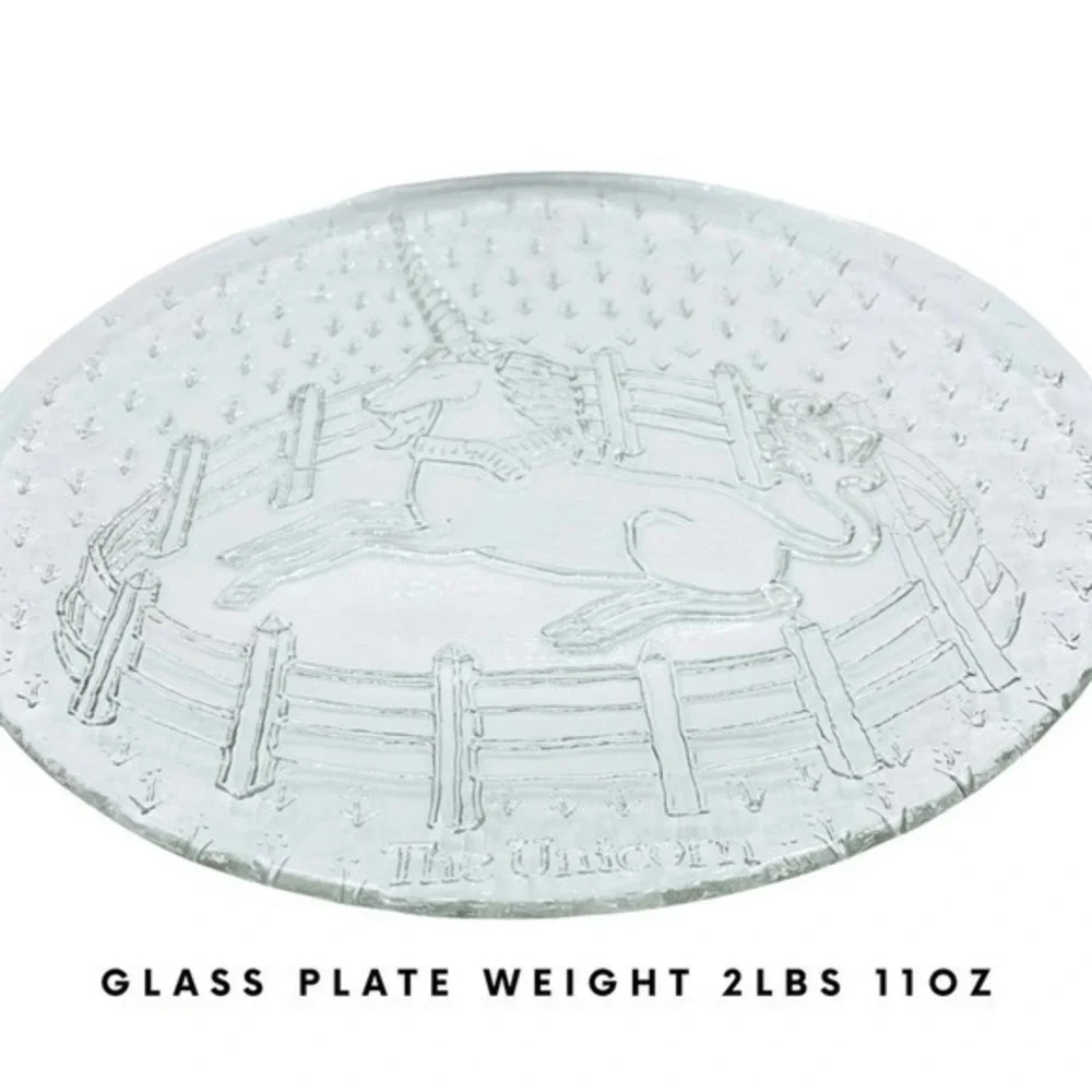 Vintage Serveware Glass Plate | Unicorn Etching | 2lbs - Large 12” Circle